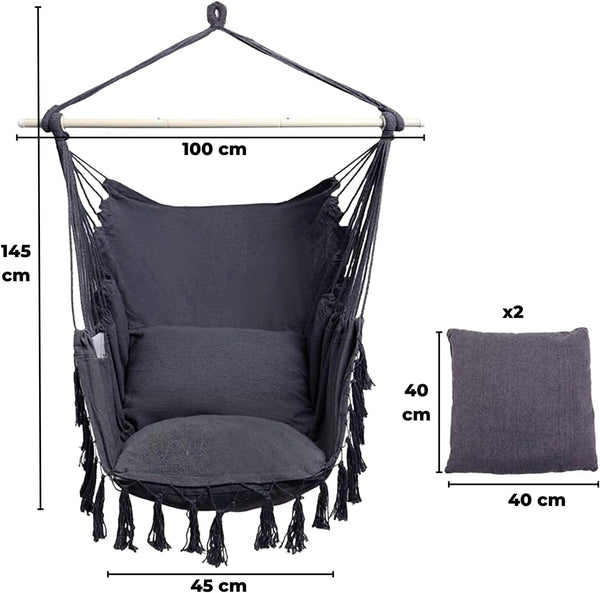 NOVEDEN Hammock Chair Hanging Rope Swing with 2 Seat Cushions Included (Dark Grey) NE-HC-102-XXW Tristar Online
