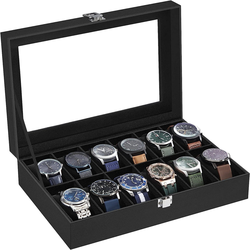 SONGMICS 12-Slot Watch Box with Large Glass Lid and Removable Watch Pillows Black Lining Tristar Online