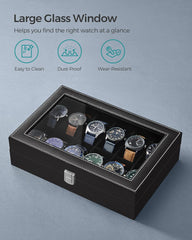SONGMICS 12-Slot Watch Box with Large Glass Lid and Removable Watch Pillows Black Lining Tristar Online