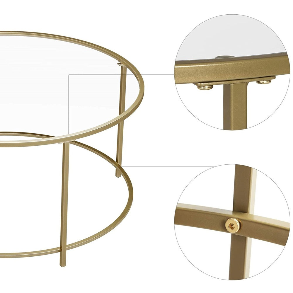 VASAGLE Round Coffee Table Glass Table with Steel Frame Gold LGT21G Tristar Online
