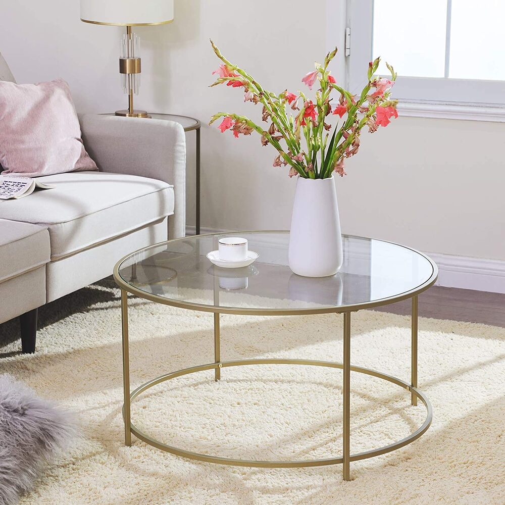 VASAGLE Round Coffee Table Glass Table with Steel Frame Gold LGT21G Tristar Online