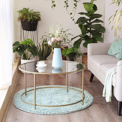 VASAGLE Round Coffee Table Glass Table with Steel Frame Gold LGT21G Tristar Online