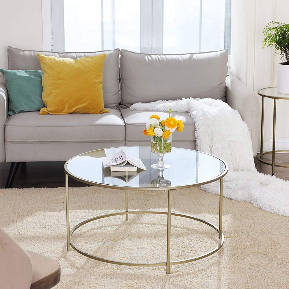 VASAGLE Round Coffee Table Glass Table with Steel Frame Gold LGT21G Tristar Online