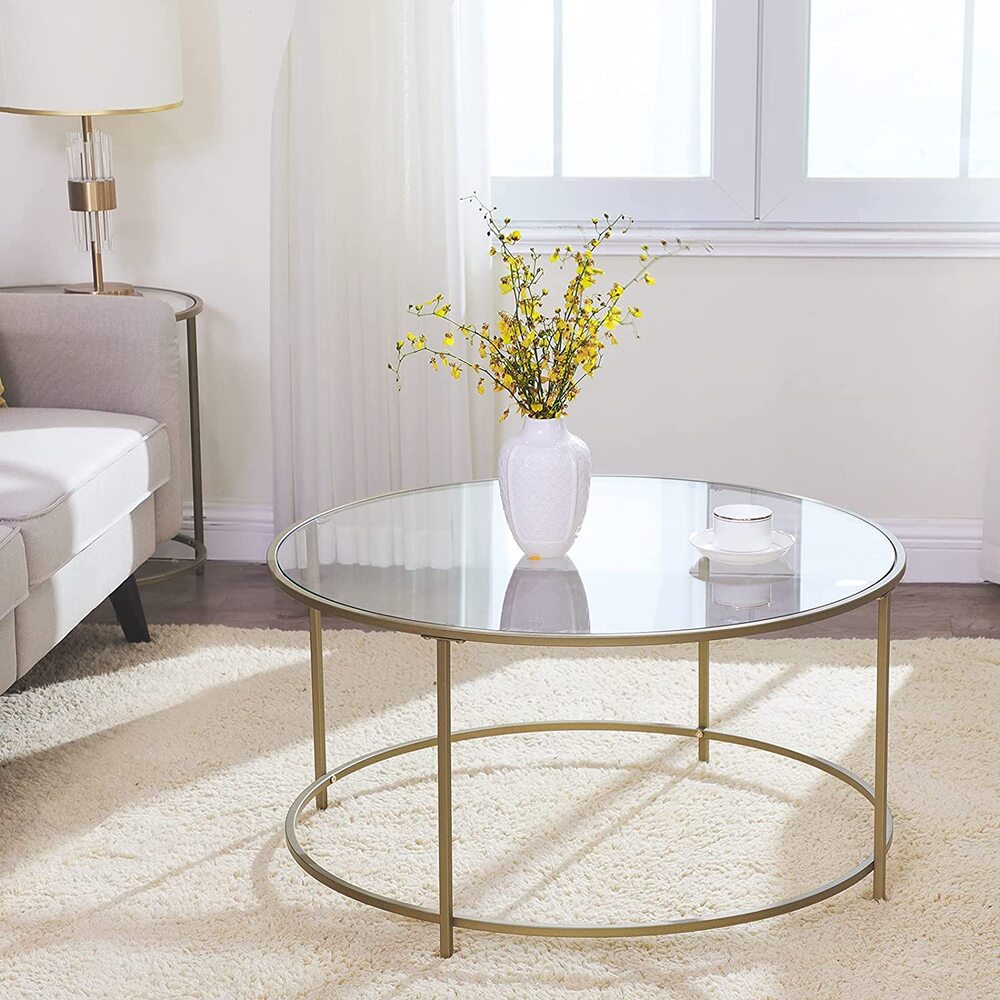 VASAGLE Round Coffee Table Glass Table with Steel Frame Gold LGT21G Tristar Online
