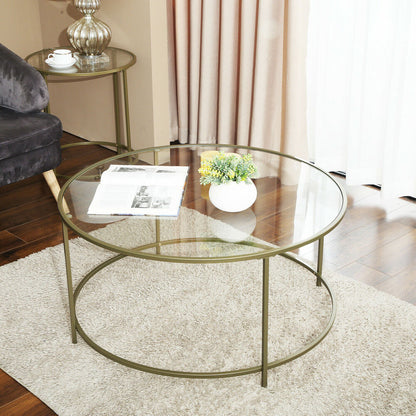 VASAGLE Round Coffee Table Glass Table with Steel Frame Gold LGT21G Tristar Online