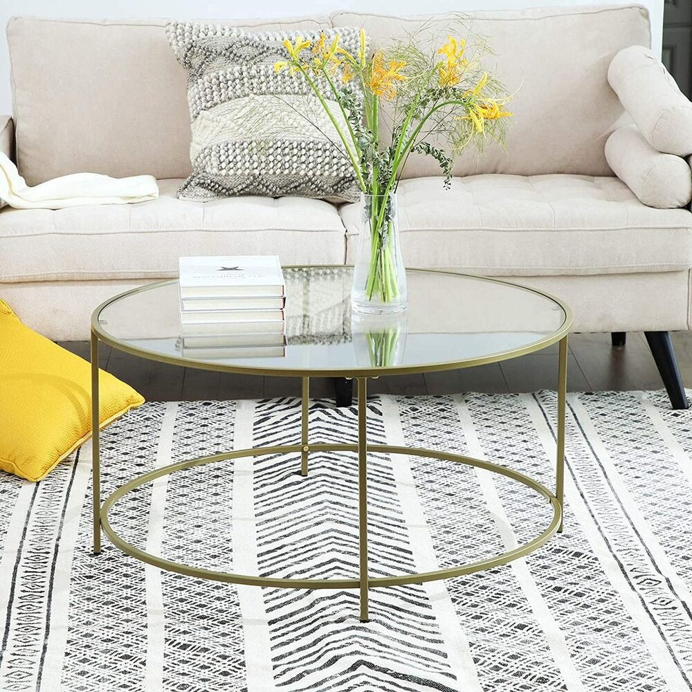 VASAGLE Round Coffee Table Glass Table with Steel Frame Gold LGT21G Tristar Online