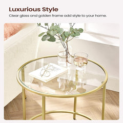 VASAGLE Round Side Tables Set of 2 Tempered Glass with Steel Frame Gold LGT037A61 Tristar Online