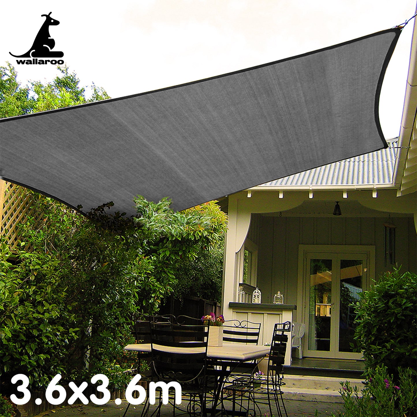 Wallaroo Outdoor Sun Shade Sail Canopy Grey Square 3.6 x 3.6M Tristar Online