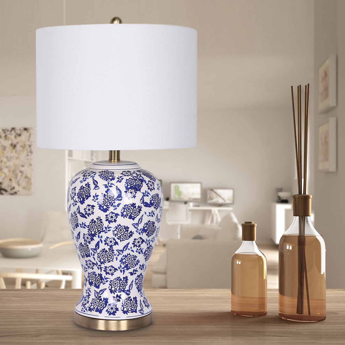 Sarantino Table Lamp Ceramic Floral Base Cotton Drum Shade Tristar Online