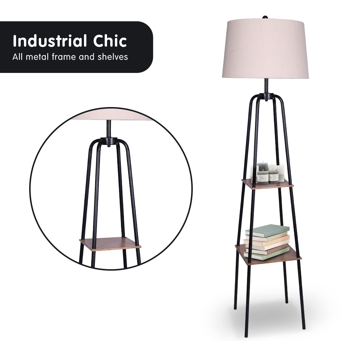 Sarantino Metal Etagere Floor Lamp Shade Metal Shelf in Wood Finish Tristar Online