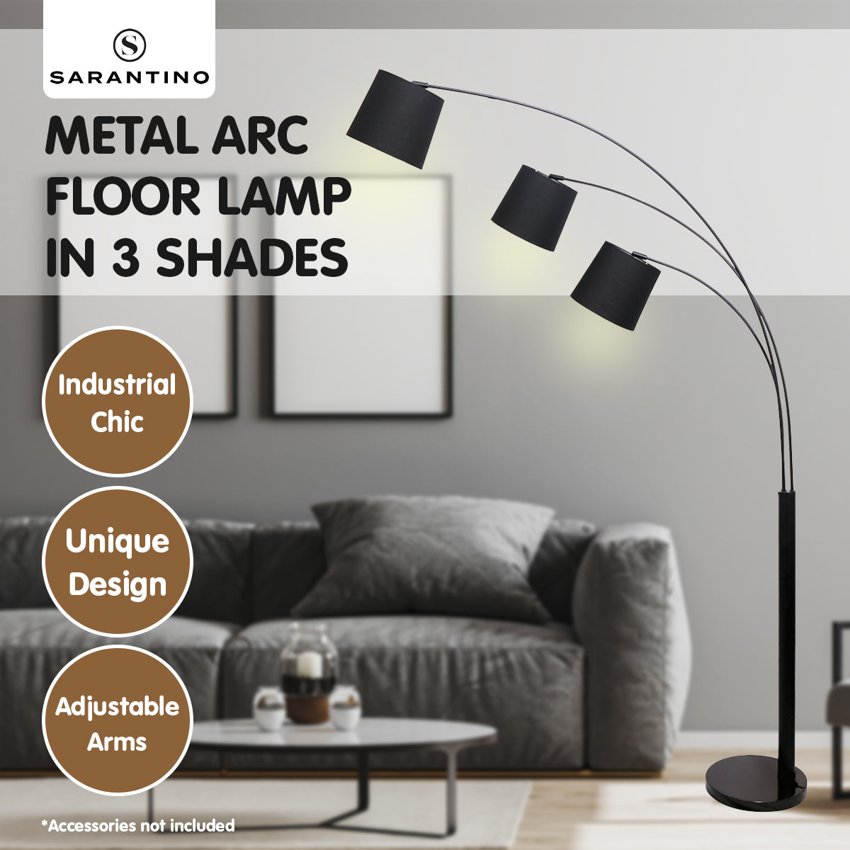 Sarantino 3-Light Arc Floor Lamp Adjustable Black 3 Shades Tristar Online