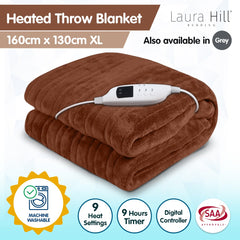 Laura Hill Heated Electric Blanket Throw Rug Coral Warm Fleece Brown Tristar Online