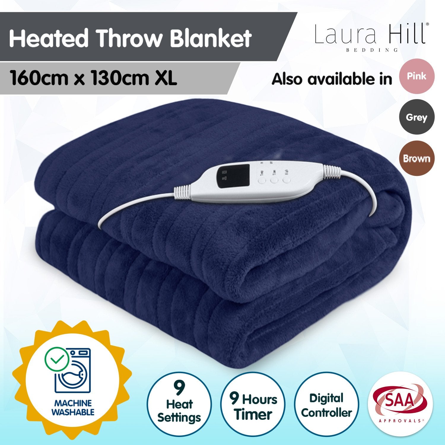 Laura Hill Heated Electric Blanket Coral Warm Fleece Winter Blue Tristar Online