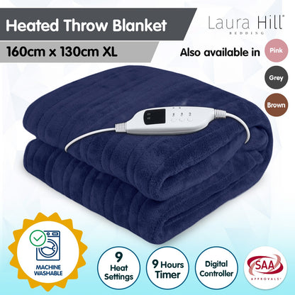 Laura Hill Heated Electric Blanket Coral Warm Fleece Winter Blue Tristar Online
