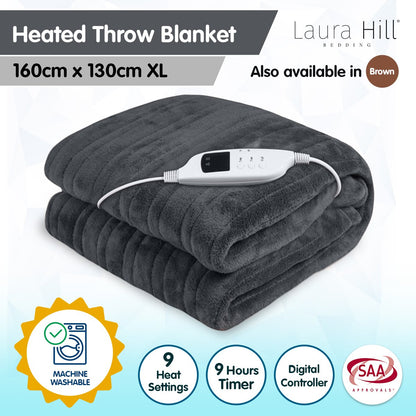 Laura Hill Heated Electric Blanket Throw Rug Coral Warm Fleece Grey Tristar Online