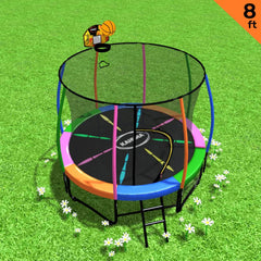 Kahuna 8ft Outdoor Trampoline Kids Children With Safety Enclosure Mat Pad Net Ladder Basketball Hoop Set - Rainbow Tristar Online