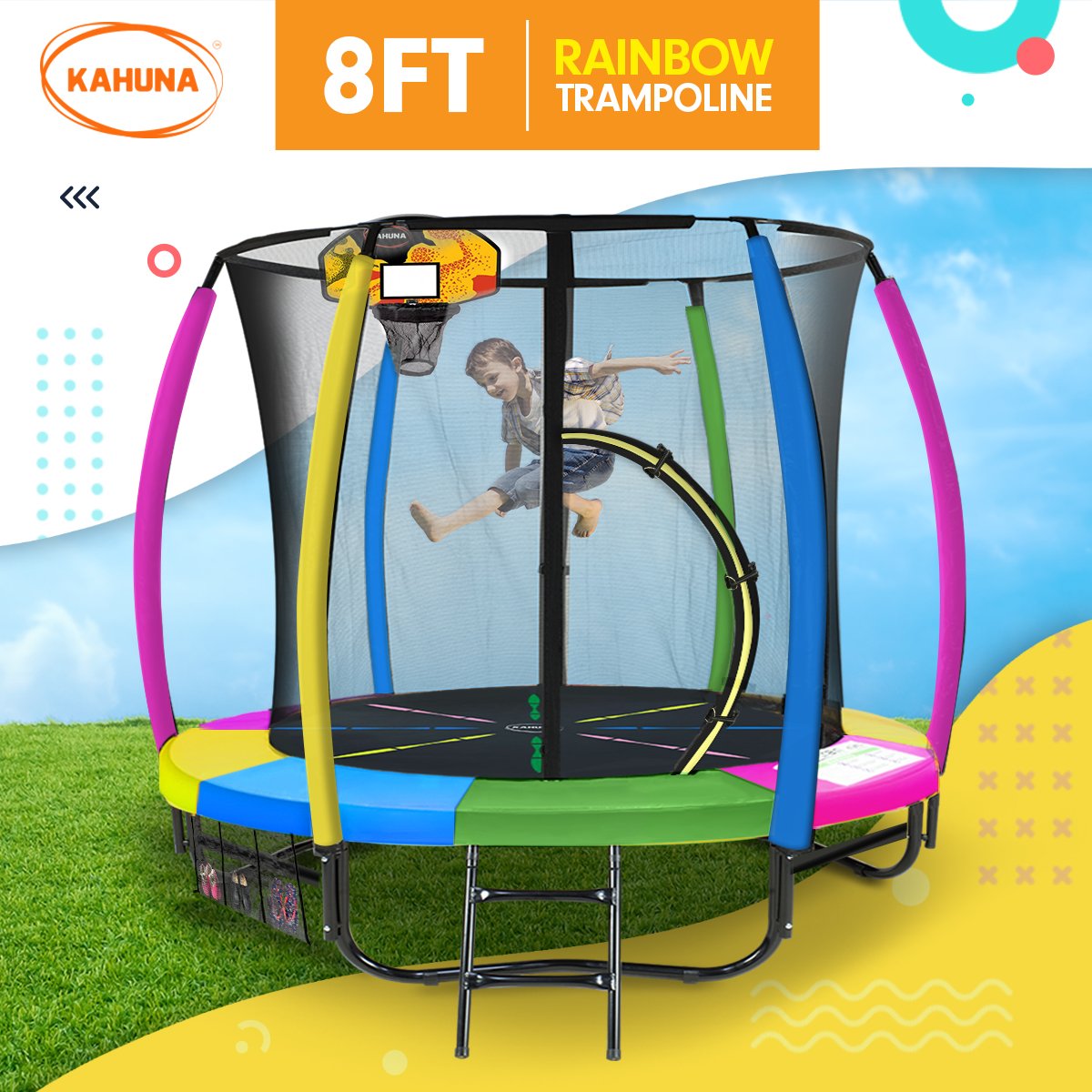 Kahuna 8ft Outdoor Trampoline Kids Children With Safety Enclosure Mat Pad Net Ladder Basketball Hoop Set - Rainbow Tristar Online