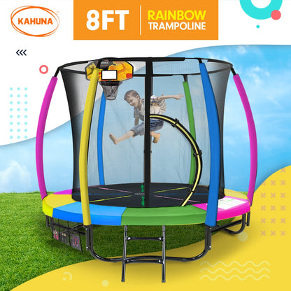 Kahuna 8ft Outdoor Trampoline Kids Children With Safety Enclosure Mat Pad Net Ladder Basketball Hoop Set - Rainbow Tristar Online