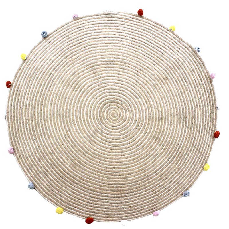 Round Woven Jute Cotton Multicolour Pompom Rug 120 cm Tristar Online