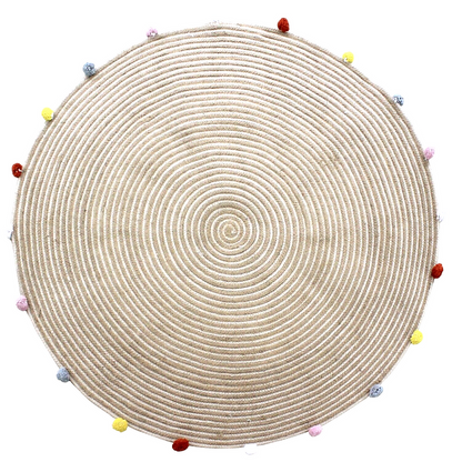Round Woven Jute Cotton Multicolour Pompom Rug 120 cm Tristar Online