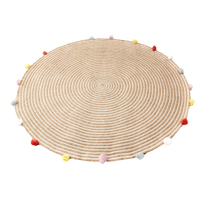 Round Woven Jute Cotton Multicolour Pompom Rug 120 cm Tristar Online