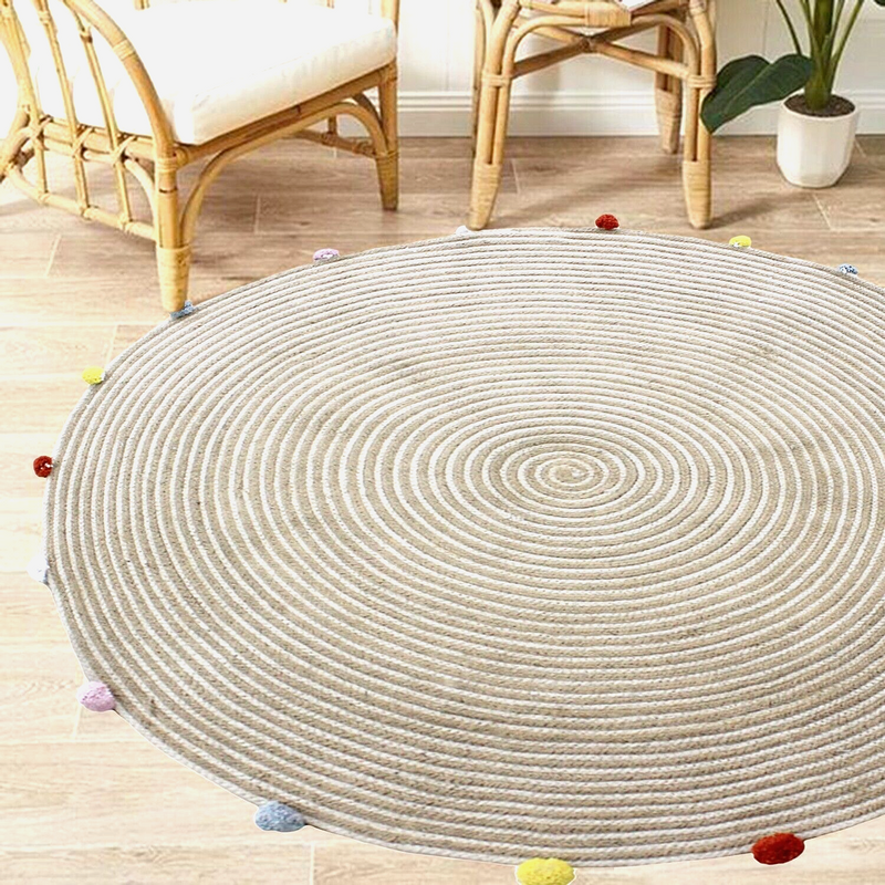 Round Woven Jute Cotton Multicolour Pompom Rug 120 cm Tristar Online