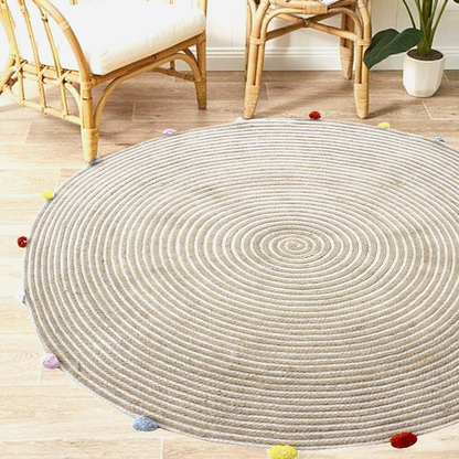 Round Woven Jute Cotton Multicolour Pompom Rug 120 cm Tristar Online