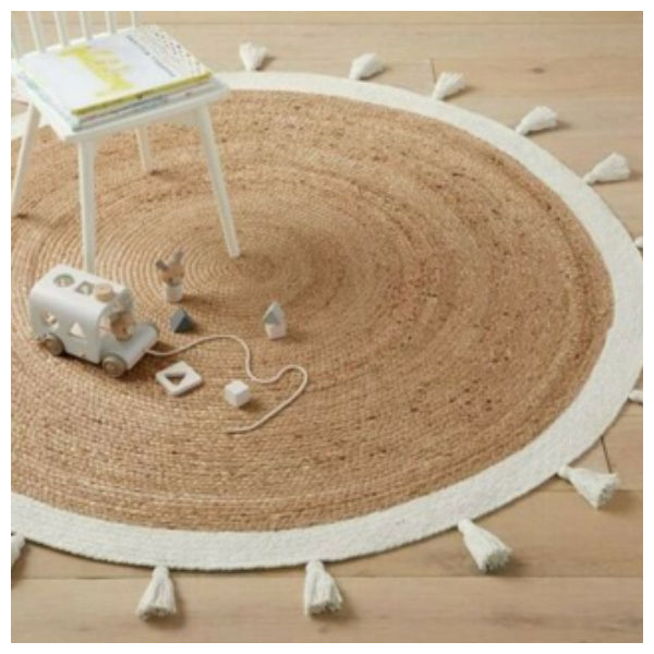Bohemian Cream & Natural Braided Jute Cotton Round Rug with Tassel 120 x 120 cm Tristar Online