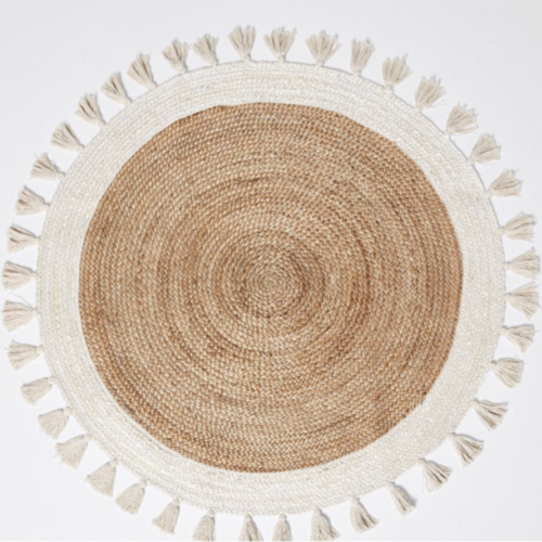 Bohemian Cream & Natural Braided Jute Cotton Round Rug with Tassel 120 x 120 cm Tristar Online