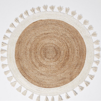 Bohemian Cream & Natural Braided Jute Cotton Round Rug with Tassel 120 x 120 cm Tristar Online
