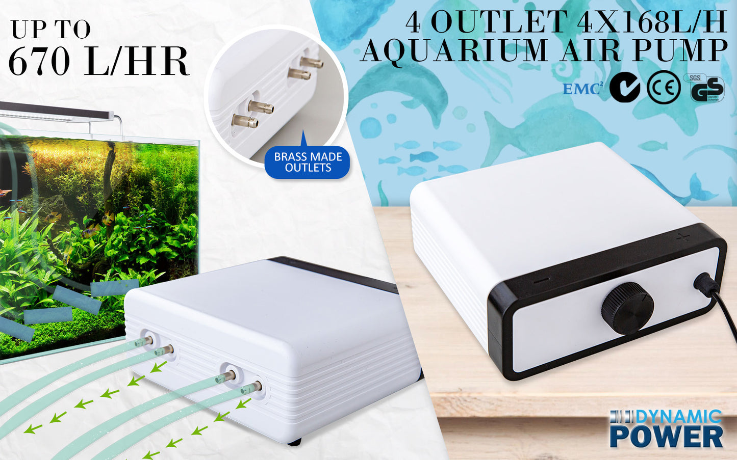 Dynamic Power White Aquarium Air Pump Oxygen Hydroponic 4 Outlet 670L/H 8W Tristar Online