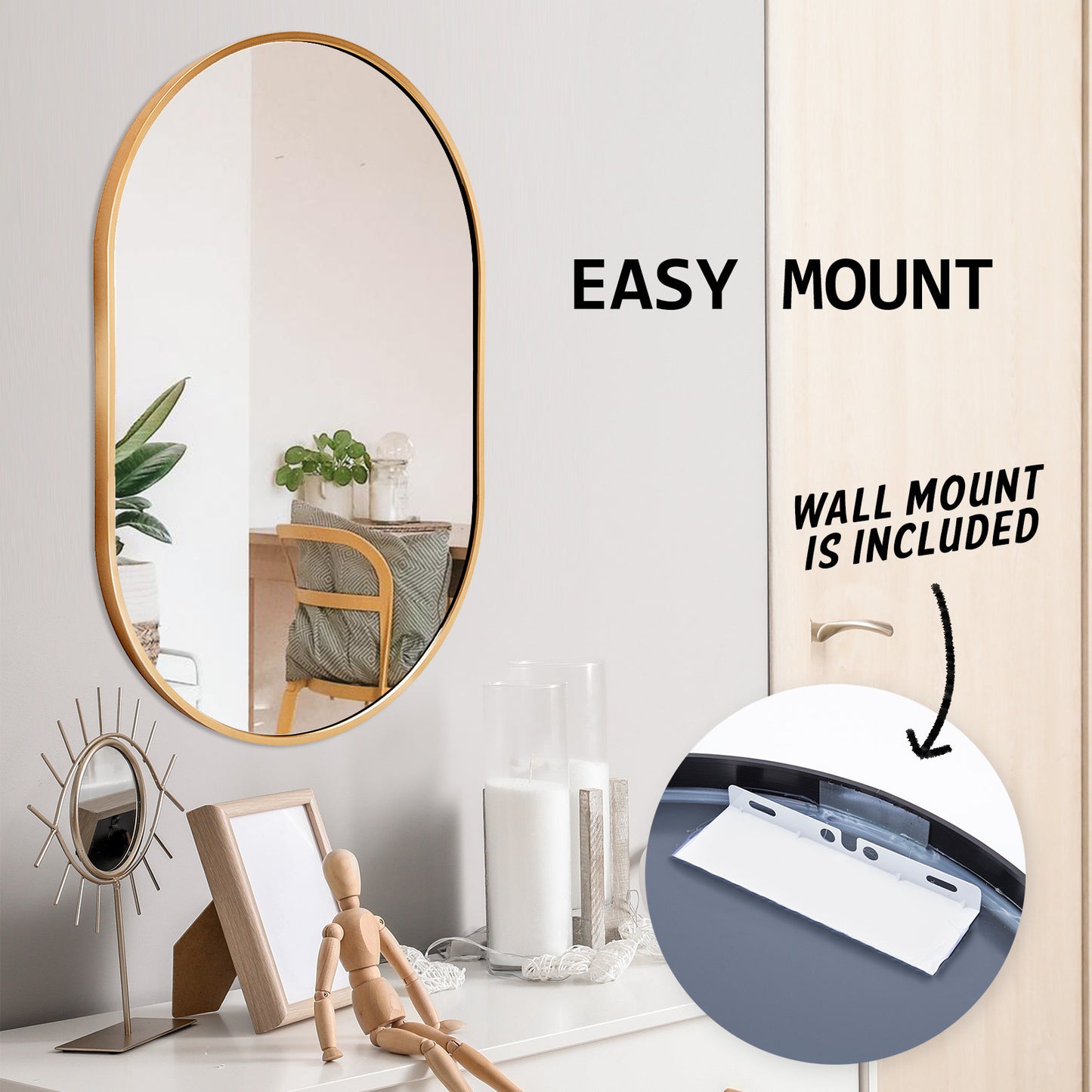 La Bella Gold Wall Mirror Oval Aluminum Frame Makeup Decor Bathroom Vanity 50x75cm Tristar Online