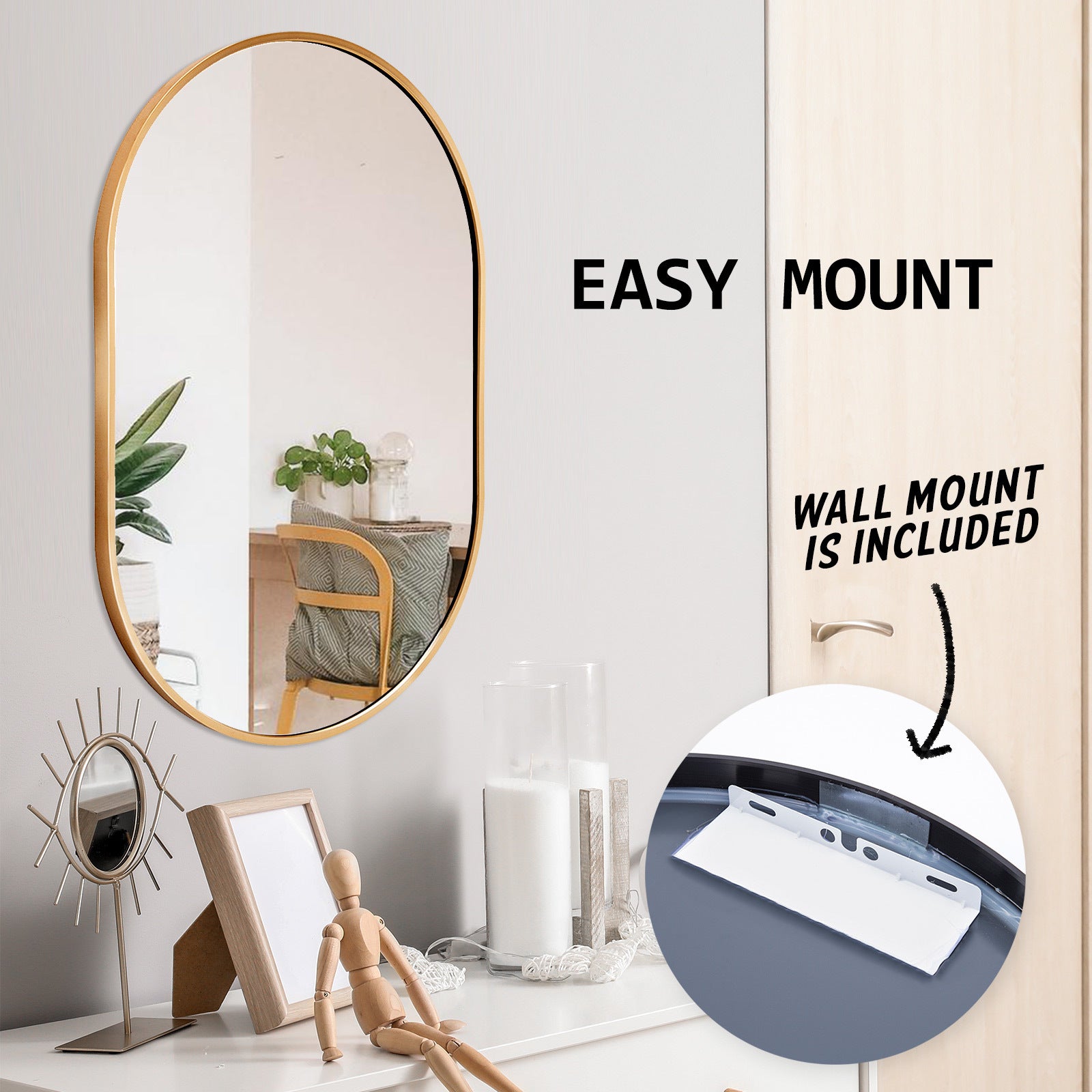 La Bella Gold Wall Mirror Oval Aluminum Frame Makeup Decor Bathroom Vanity 50x75cm Tristar Online
