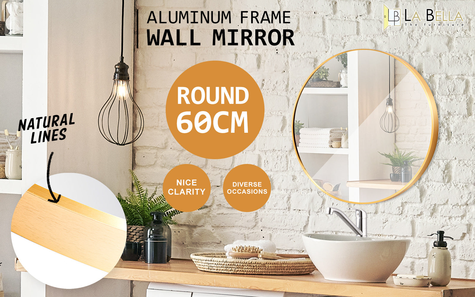 La Bella Gold Wall Mirror Round Aluminum Frame Makeup Decor Bathroom Vanity 60cm Tristar Online