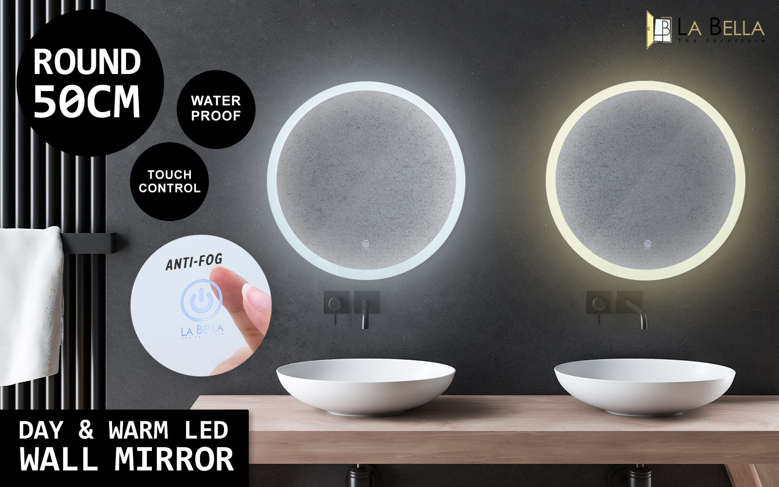 La Bella LED Wall Mirror Round Touch Anti-Fog Makeup Decor Bathroom Vanity 50cm Tristar Online