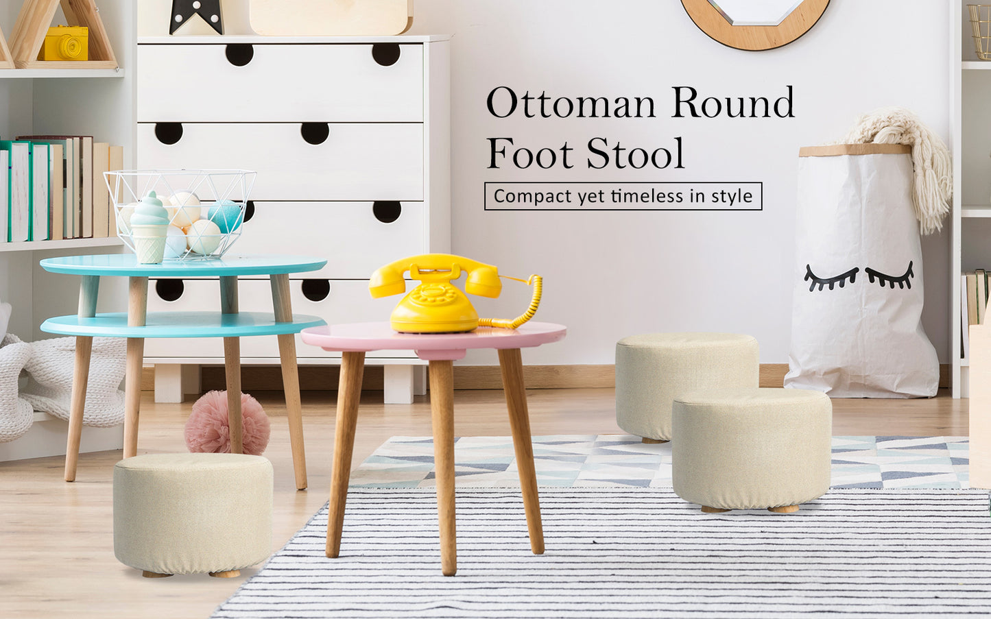 La Bella Beige Fabric Ottoman Round Wooden Leg Foot Stool Tristar Online