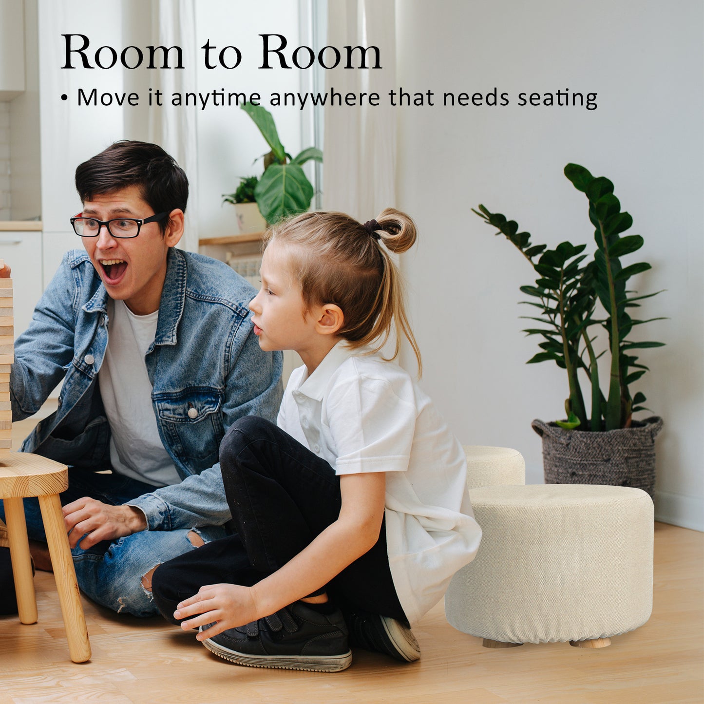 La Bella 2 Set Beige Fabric Ottoman Round Wooden Leg Foot Stool Tristar Online