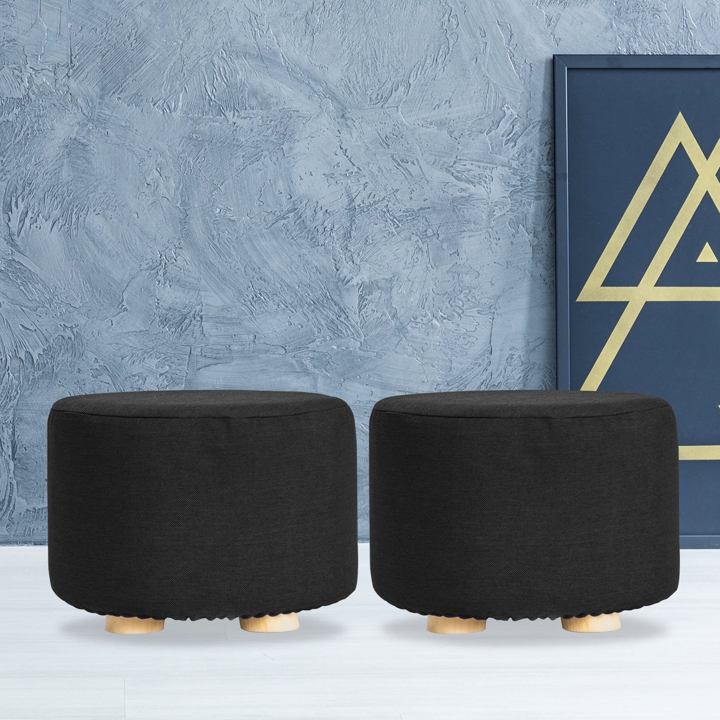 La Bella 2 Set Black Fabric Ottoman Round Wooden Leg Foot Stool Tristar Online