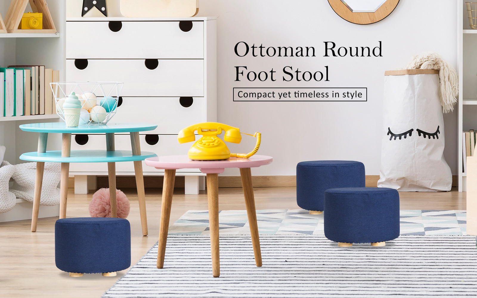 La Bella 2 Set Dark Blue Fabric Ottoman Round Wooden Leg Foot Stool Tristar Online