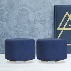 La Bella 2 Set Dark Blue Fabric Ottoman Round Wooden Leg Foot Stool Tristar Online
