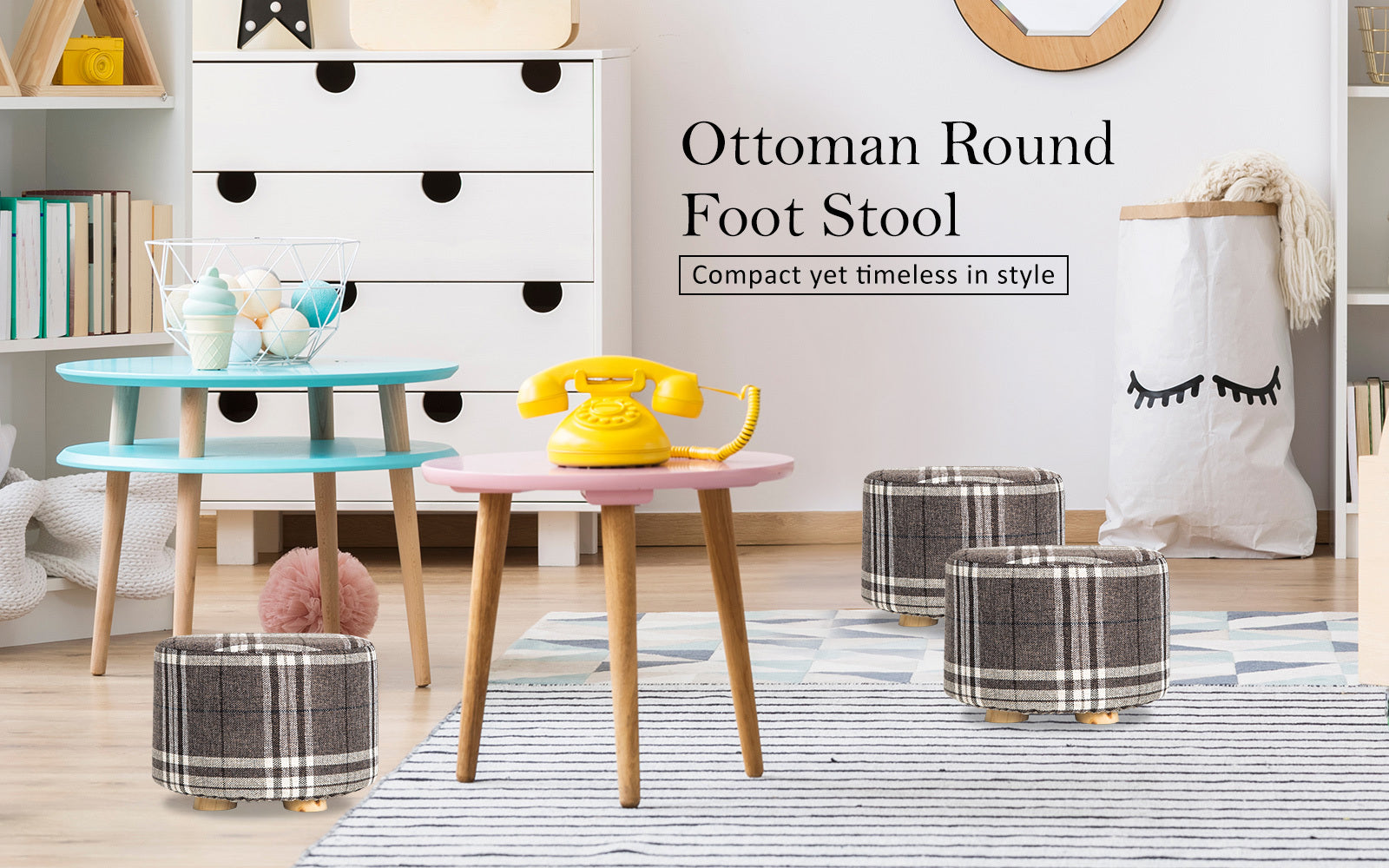 La Bella 2 Set Lattice Fabric Ottoman Round Wooden Leg Foot Stool Tristar Online