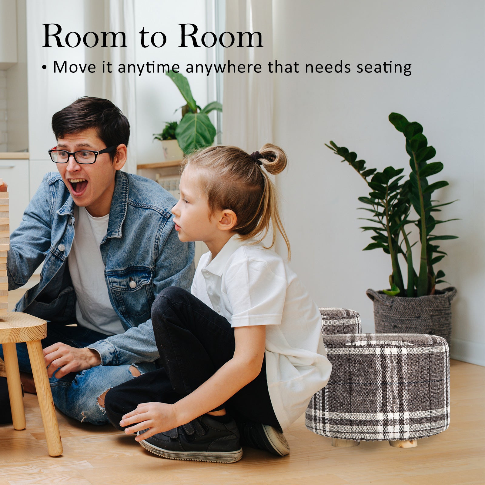 La Bella 2 Set Lattice Fabric Ottoman Round Wooden Leg Foot Stool Tristar Online