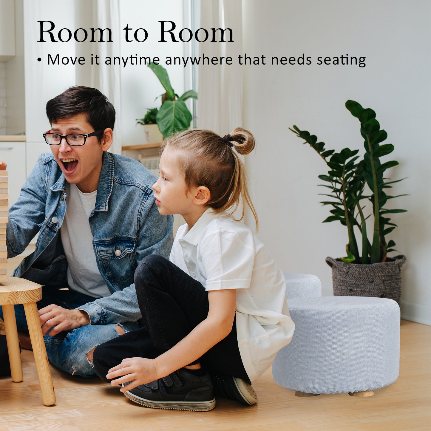 La Bella 2 Set Light Blue Fabric Ottoman Round Wooden Leg Foot Stool Tristar Online