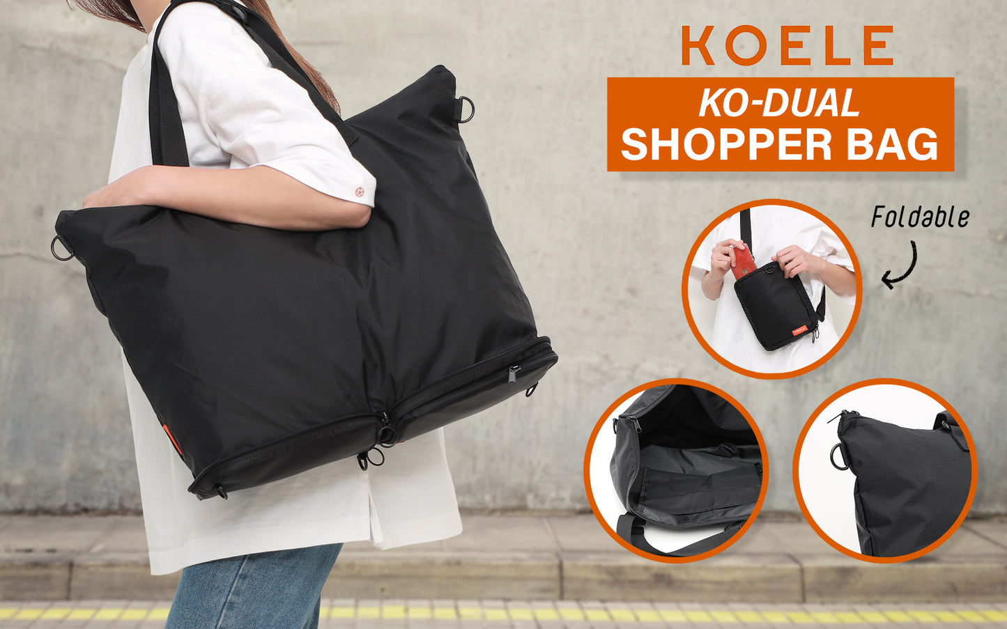 KOELE Black Shopper Bag Tote Bag Foldable Travel Laptop Grocery KO-DUAL Tristar Online