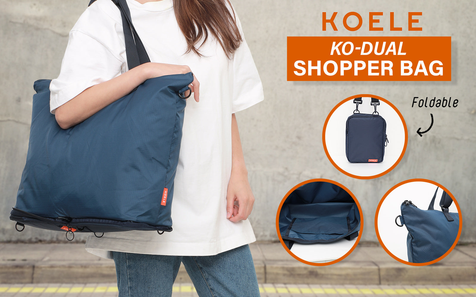 KOELE Navy Shopper Bag Tote Bag Foldable Travel Laptop Grocery KO-DUAL Tristar Online