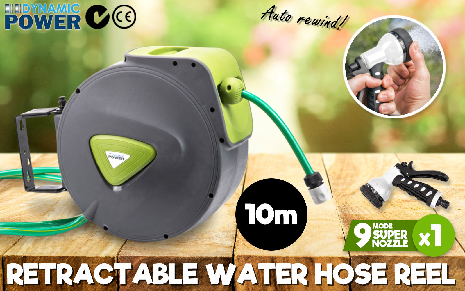 Dynamic Power Garden Water Hose 10M Retractable Rewind Reel Wall Mounted Tristar Online