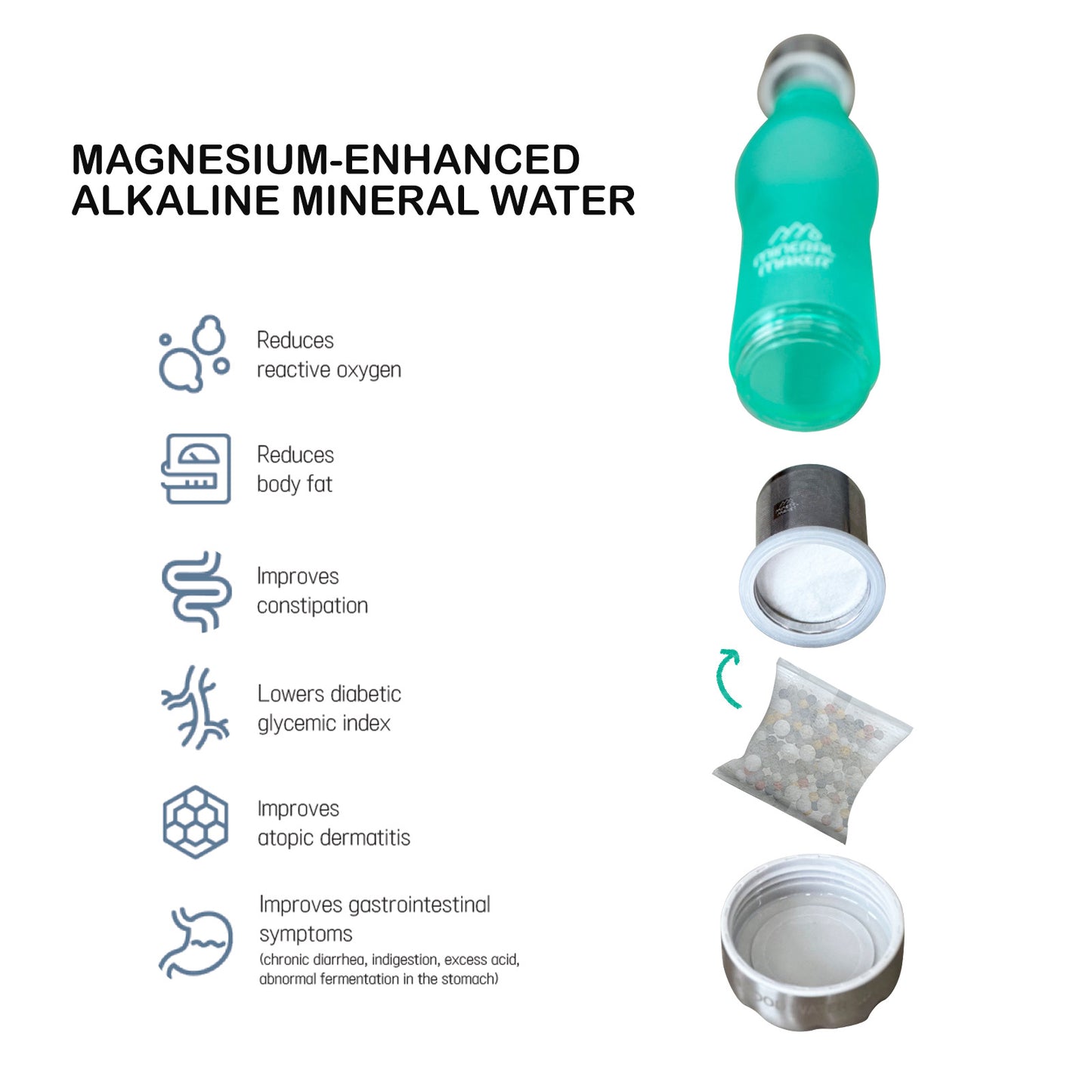 Mineral Maker MORBIDO Green Alkaline Filter Water Bottle + a Mineral Stone Pouch Tristar Online