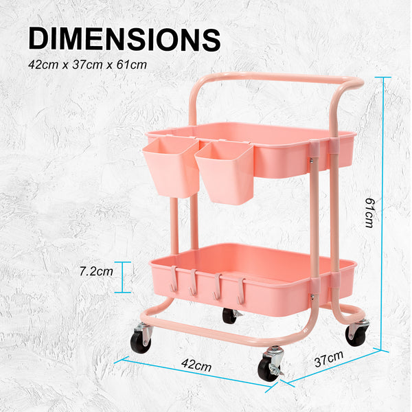 Kandoka 2 Tier Pink Trolley Cart Storage Utility Rack Organiser Swivel Kitchen Tristar Online