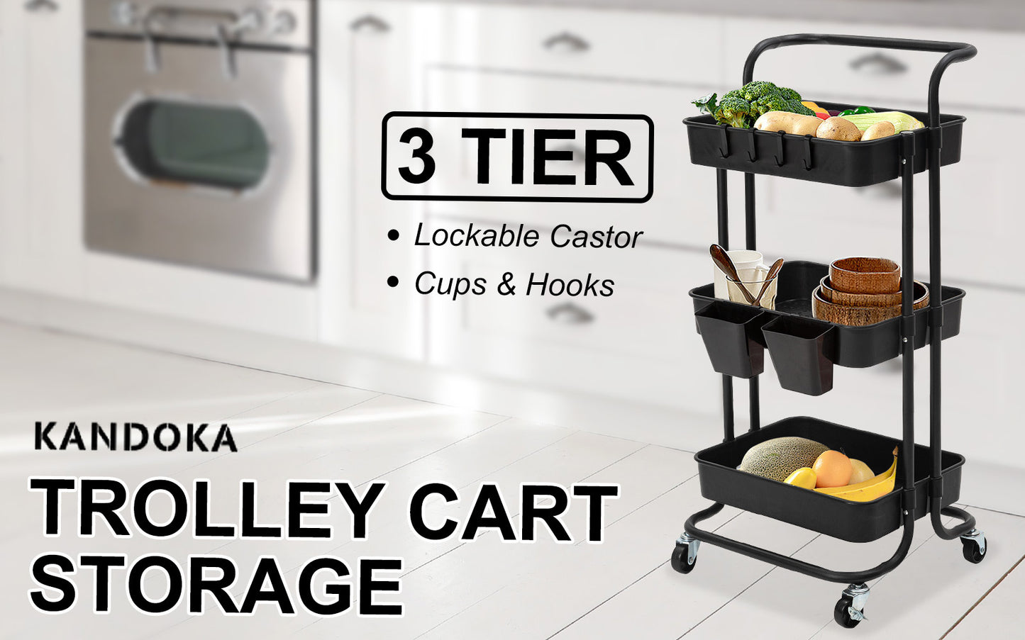 Kandoka 3 Tier Black Trolley Cart Storage Utility Rack Organiser Swivel Kitchen Tristar Online