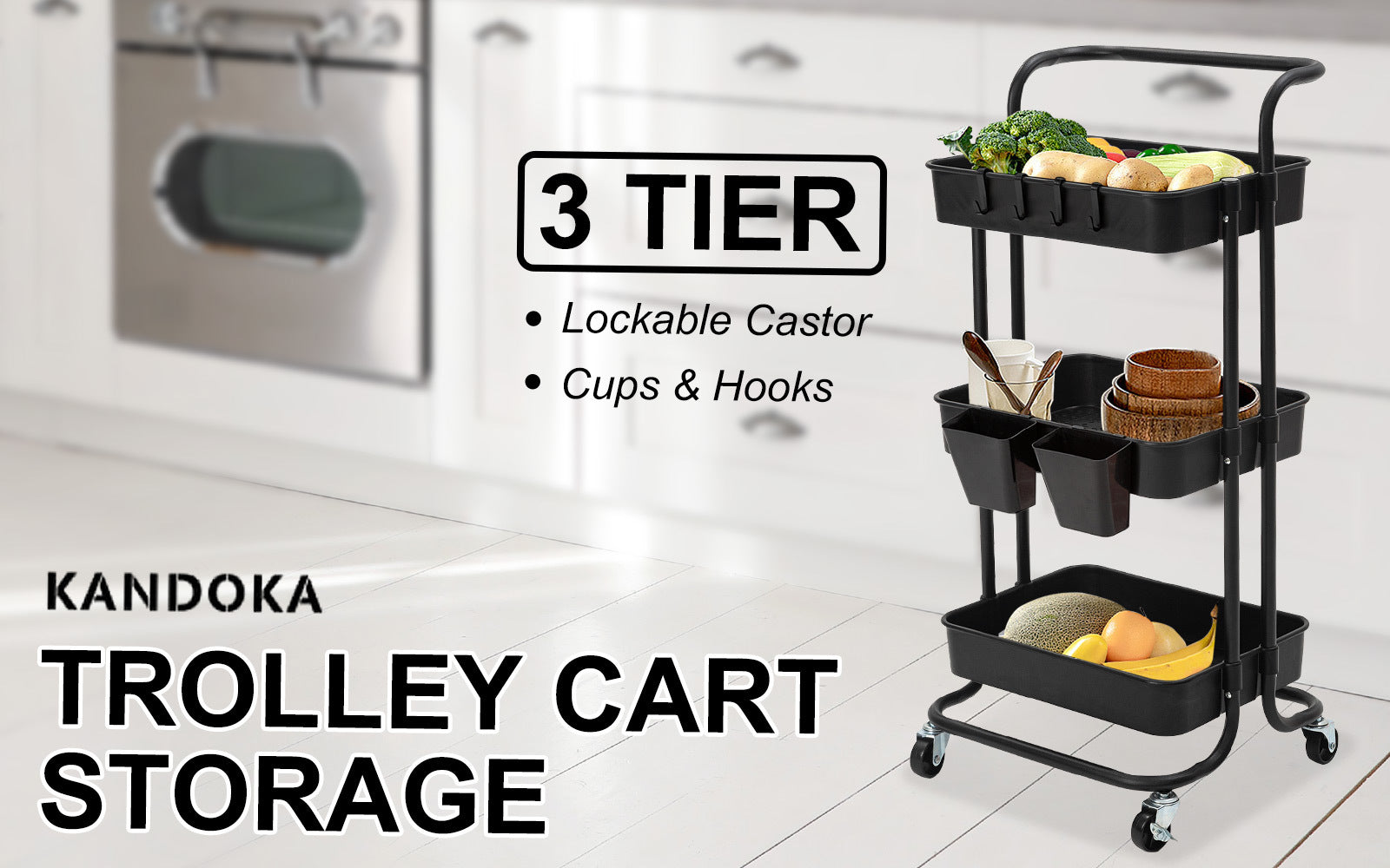 Kandoka 3 Tier Black Trolley Cart Storage Utility Rack Organiser Swivel Kitchen Tristar Online